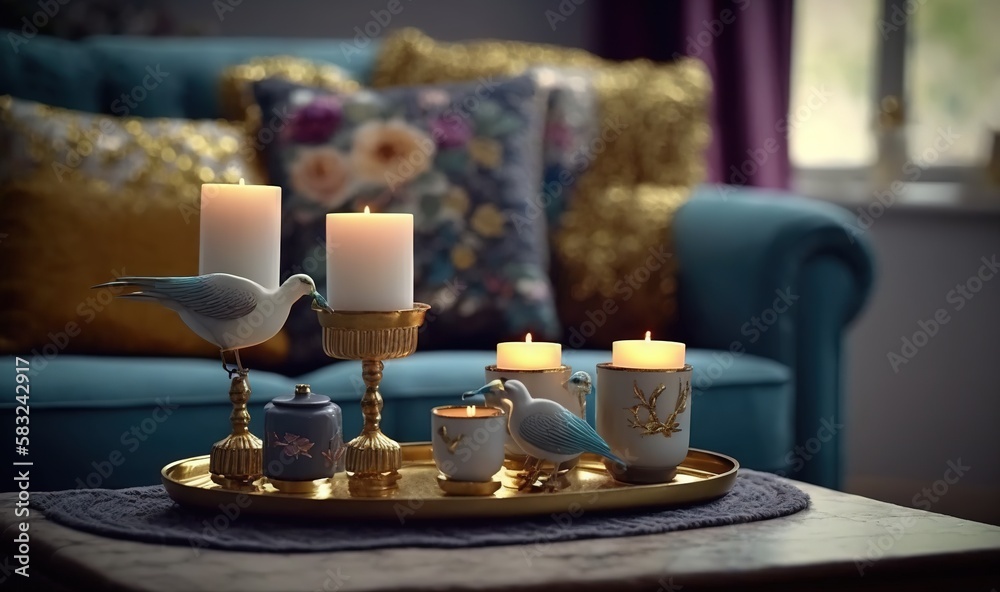  a tray with candles on it sitting on a table in front of a blue couch and a blue chair with pillows