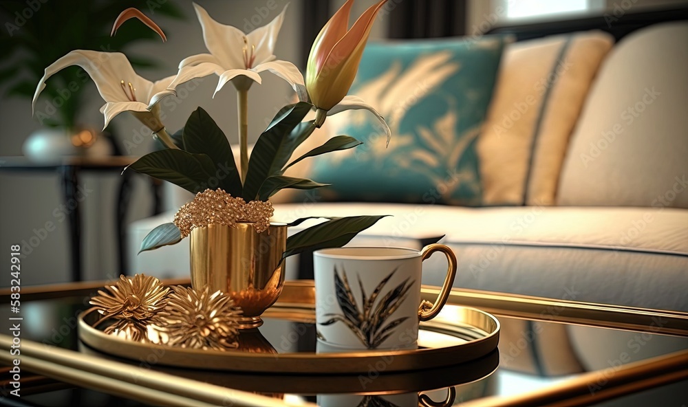  a coffee table with a gold tray holding a vase of flowers and two cups of coffee on top of a glass 