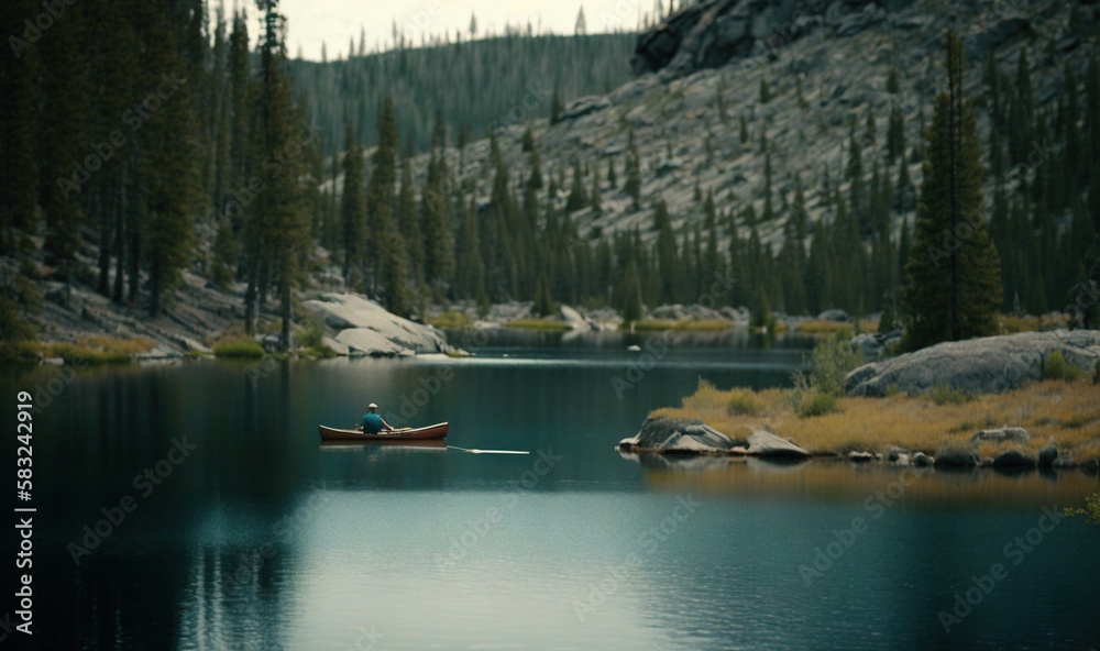  a person in a canoe on a lake surrounded by trees and rocks with a mountain in the background and a