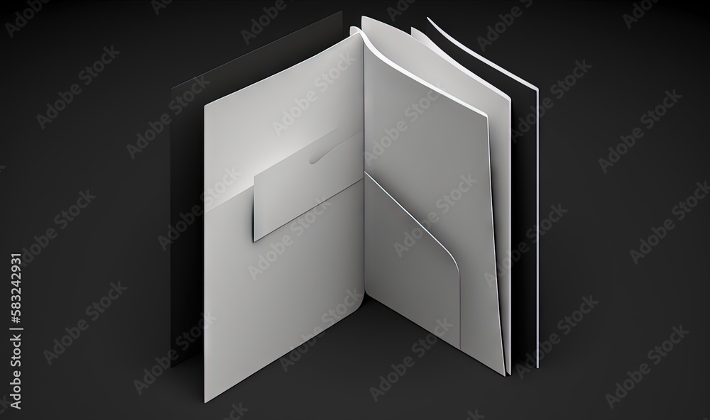  an open white folder with a notepad on its side and a black background with a black corner and a w