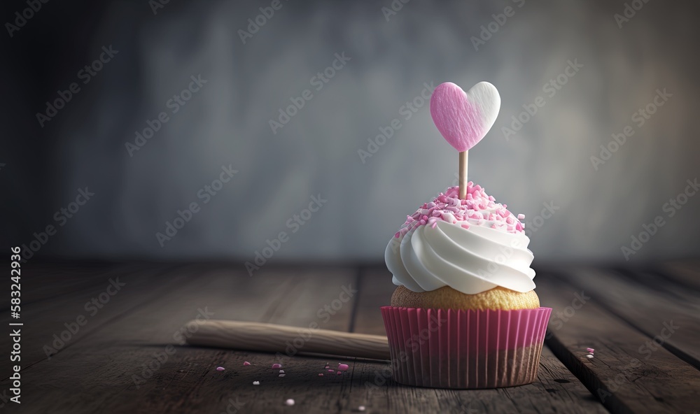  a cupcake with a heart on top of it and a stick sticking out of the top of the cupcake, on a wooden