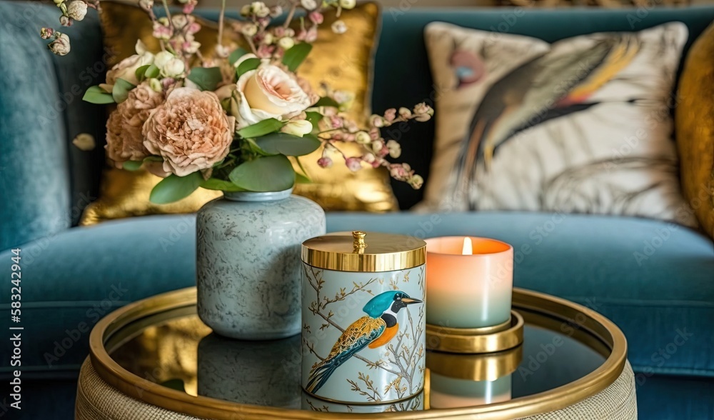  a blue couch with a blue and gold coffee table with a vase of flowers and a candle on top of the ta