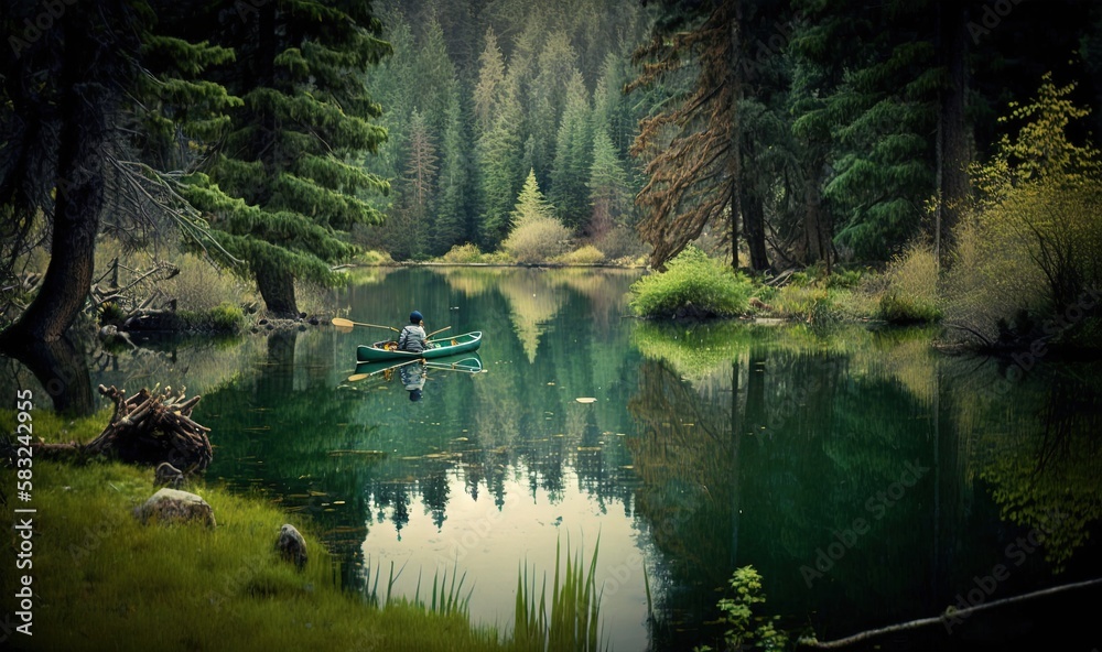  a person in a canoe on a lake surrounded by trees and grass with a forest in the background and a m