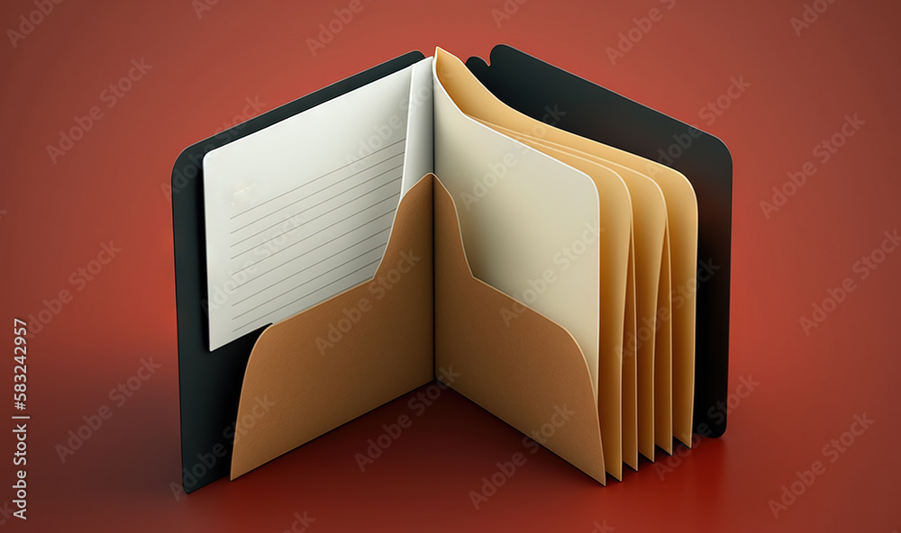  an open folder with a notepad inside of it on a red background with a red background and a red back