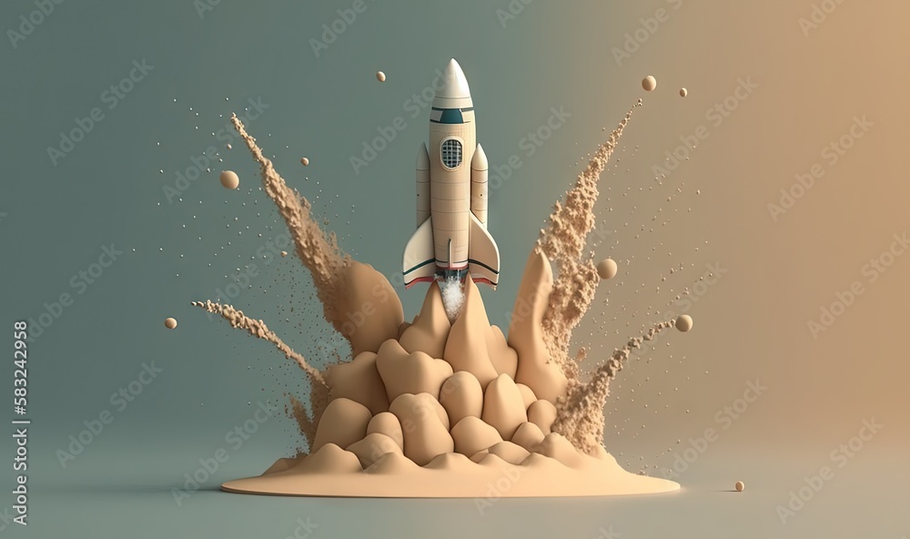  a rocket is flying through the air on top of a pile of sand and sand grains, with a blue background