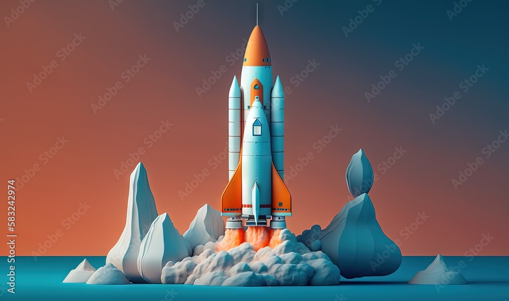  an orange and white rocket on top of a pile of icebergs on a blue surface with a red sky in the bac