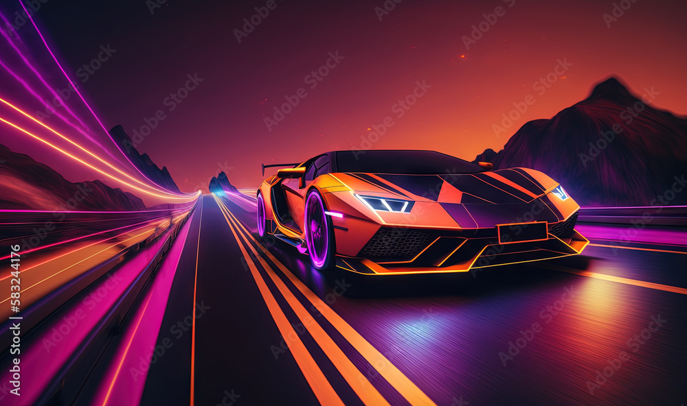  a sports car driving down a road with neon lights on its sides and a mountain in the distance in t