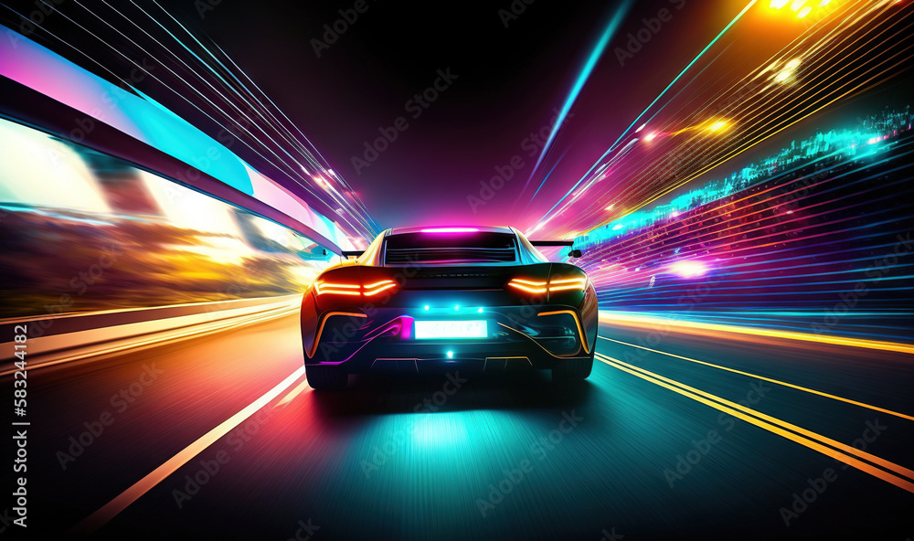  a car driving down a city street at night with bright lights on the back of the car and the lights 