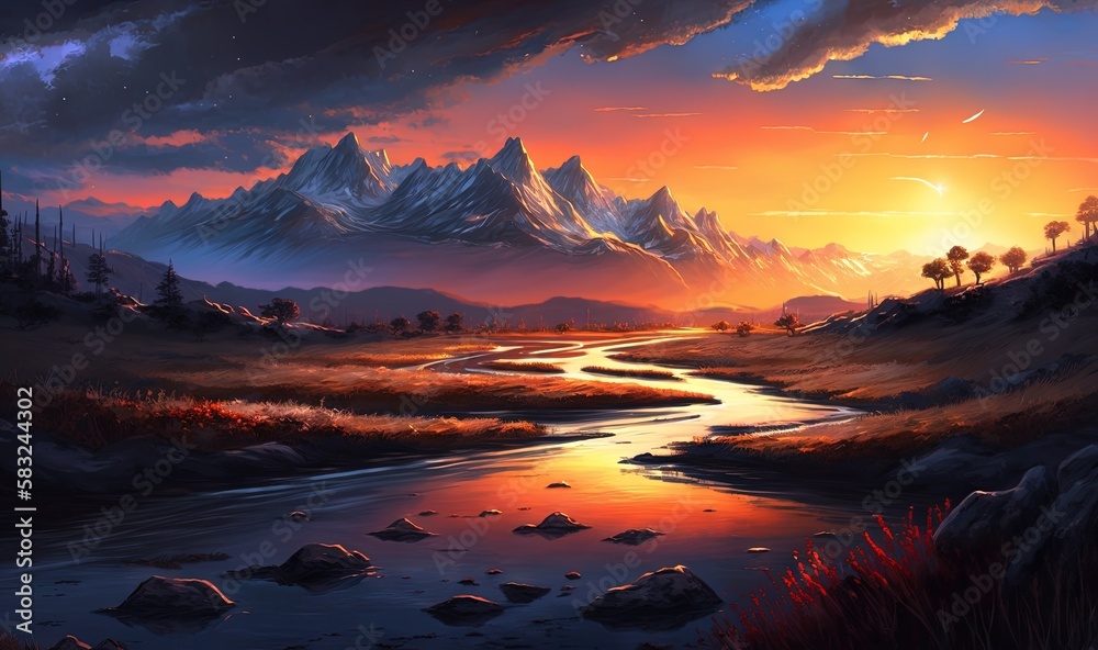  a painting of a sunset over a mountain range with a river running through it and mountains in the d