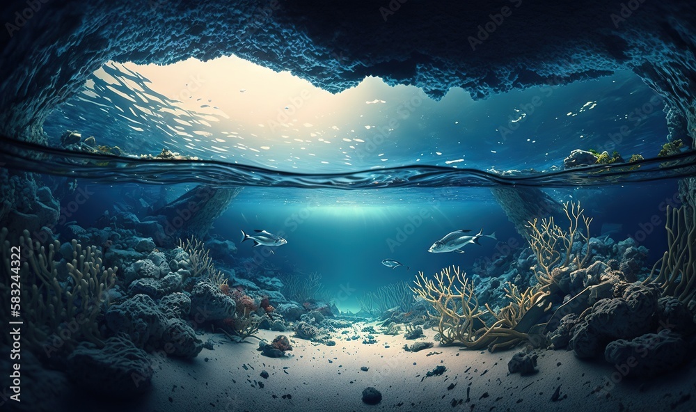  an underwater view of a coral reef with fish swimming around it and sunlight shining through the wa