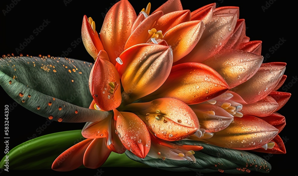  a close up of a flower with water droplets on its petals and a green leaf on a black background wi