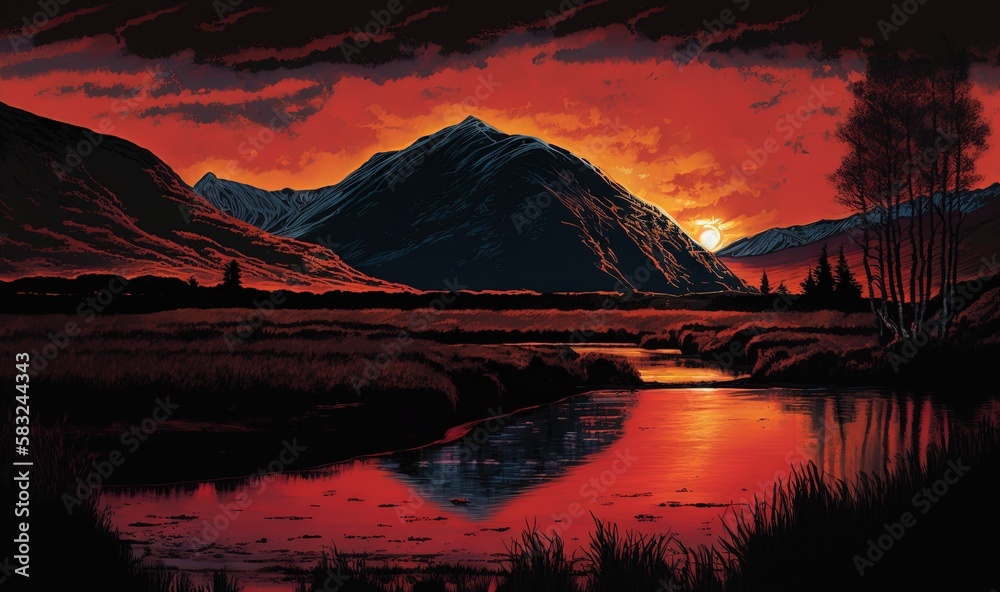  a painting of a sunset over a mountain range with a river in the foreground and trees in the foregr