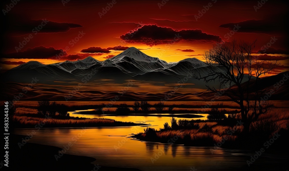  a painting of a sunset over a mountain range with a river in the foreground and trees in the foregr