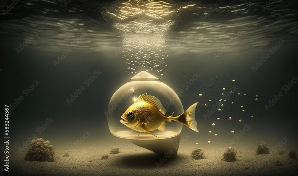  a goldfish in a fish bowl floating in the water with bubbles and bubbles coming out of its back en