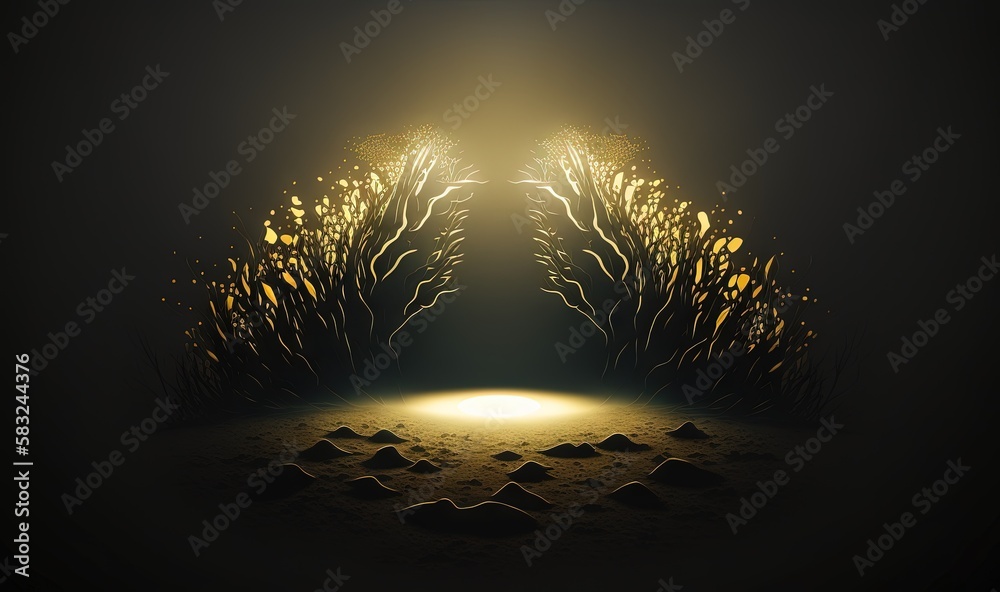  a digital painting of a light at the end of a tunnel in a dark area with plants growing out of the 