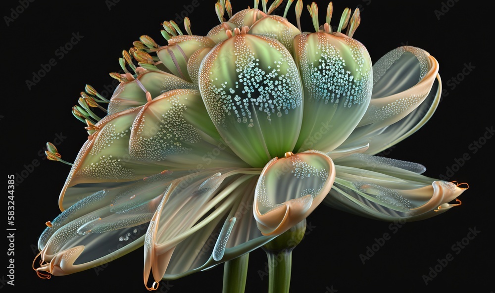  a close up of a flower with water droplets on its petals and petals on its petals, with a black b