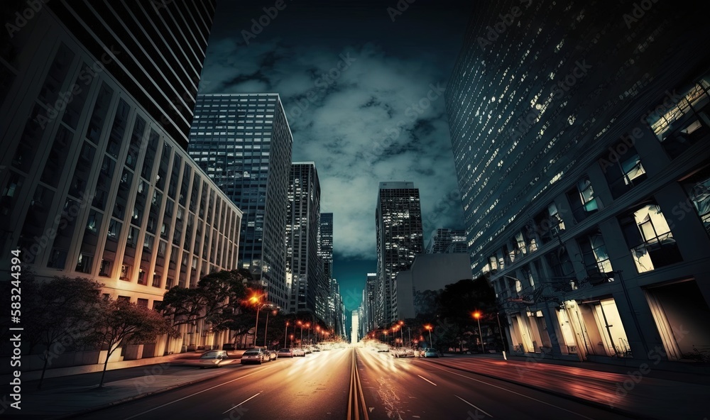  a city street at night with a lot of tall buildings on both sides of the street and cars on the roa