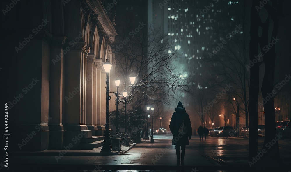  a person walking down a street at night in a city with tall buildings and street lamps on either si