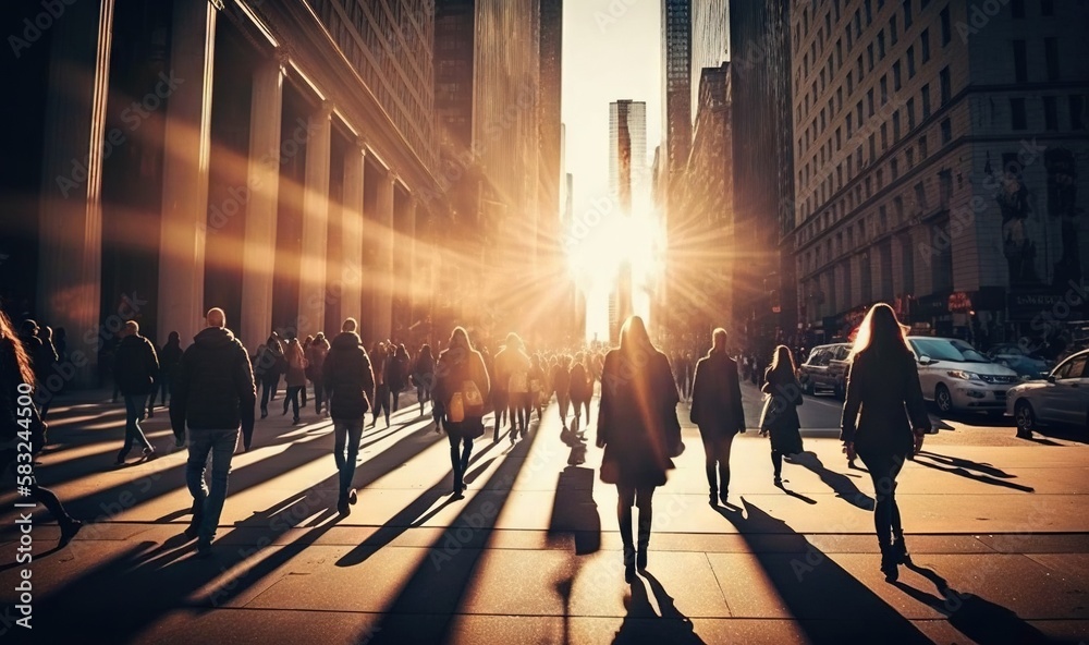  a group of people walking down a street with the sun shining through the buildings in the backgroun