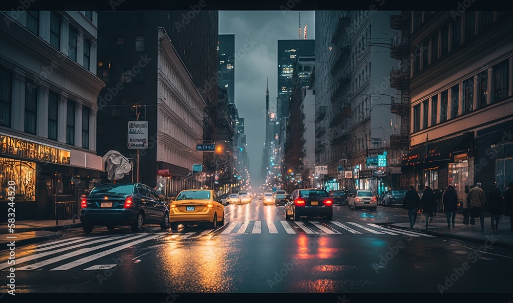  a busy city street at night with cars and people walking on the sidewalk and on the sidewalk with u