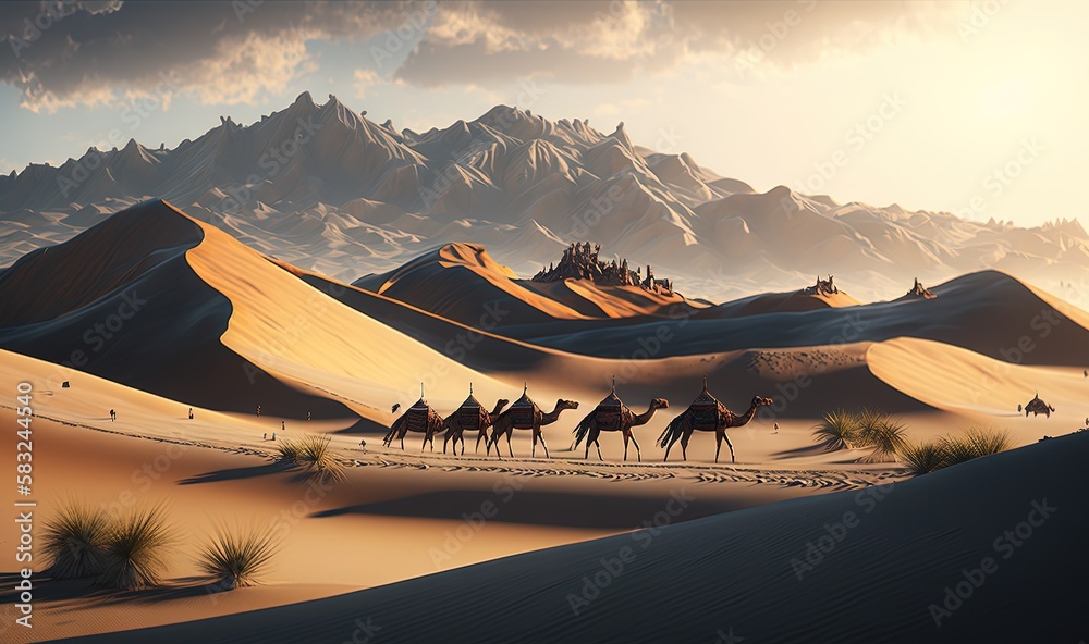  a painting of a desert with a group of camels in the foreground and a mountain range in the backgro