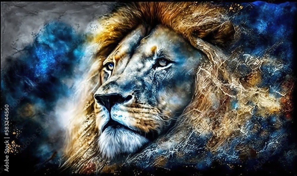  a painting of a lion with blue and yellow colors on its face, with a black background and a blue s