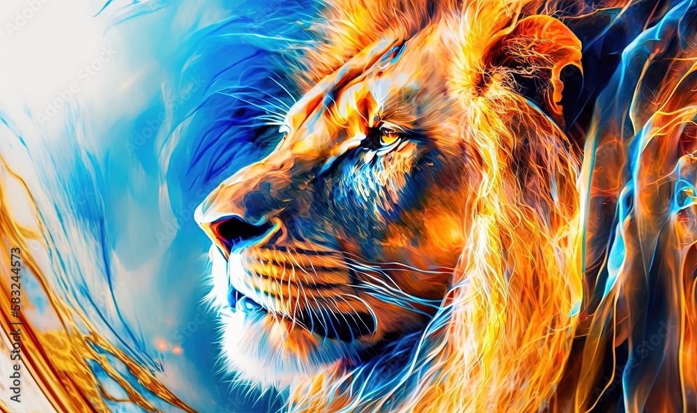  a painting of a lions face with blue and yellow streaks on its fur and a white background with a 