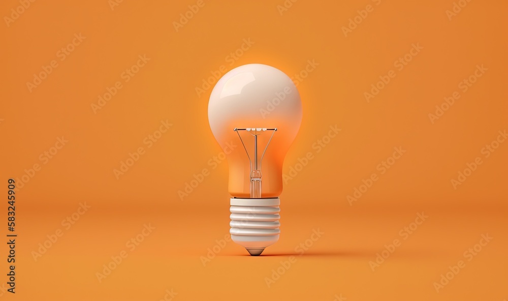  a white light bulb on an orange background with a reflection of the light on the light bulb and the