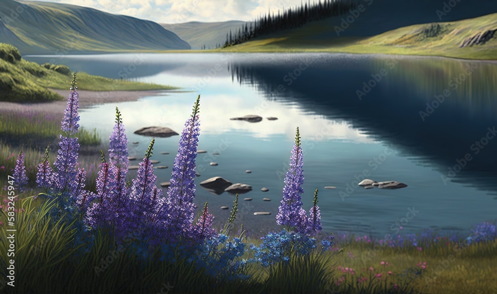  a painting of a lake surrounded by wildflowers and mountains in the background with clouds in the b