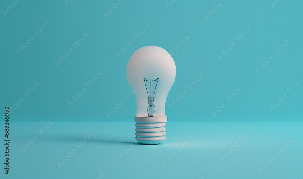  a light bulb on a blue background with a reflection of the light on the light bulb is in the middle