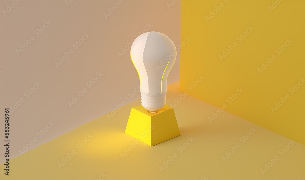  a white light bulb sitting on top of a yellow stand in a room with a yellow wall and a yellow wall 