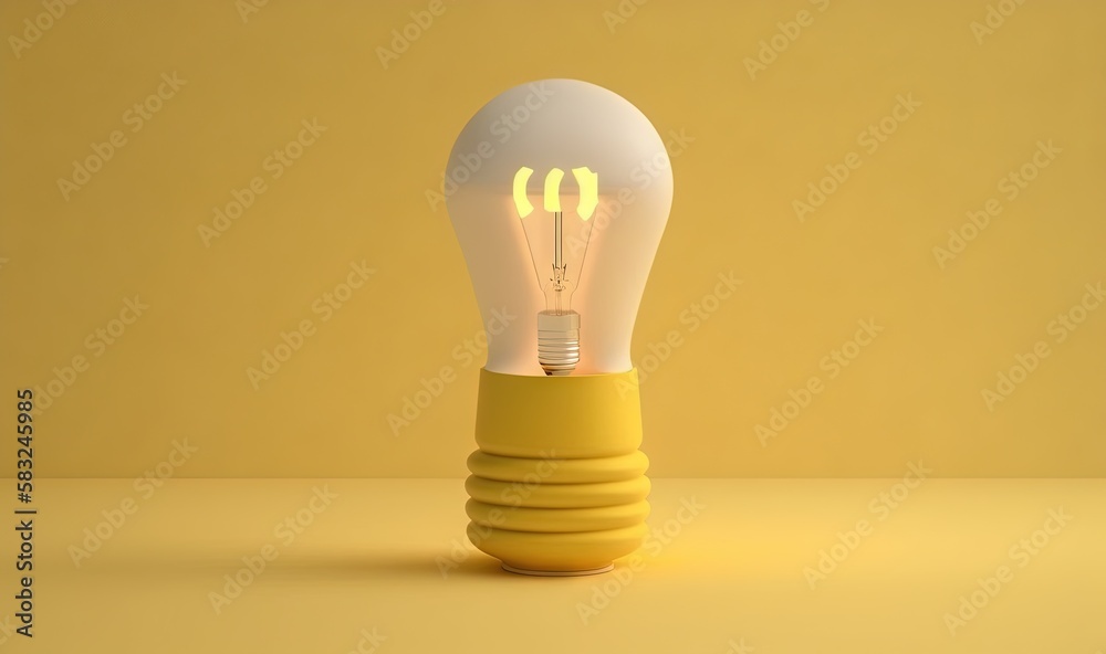  a yellow light bulb with three lit bulbs on top of a yellow surface with a yellow wall in the backg