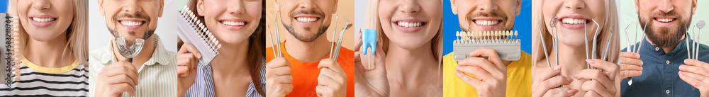 Collage of young people with healthy teeth, dental tools and teeth color chart on color background, 