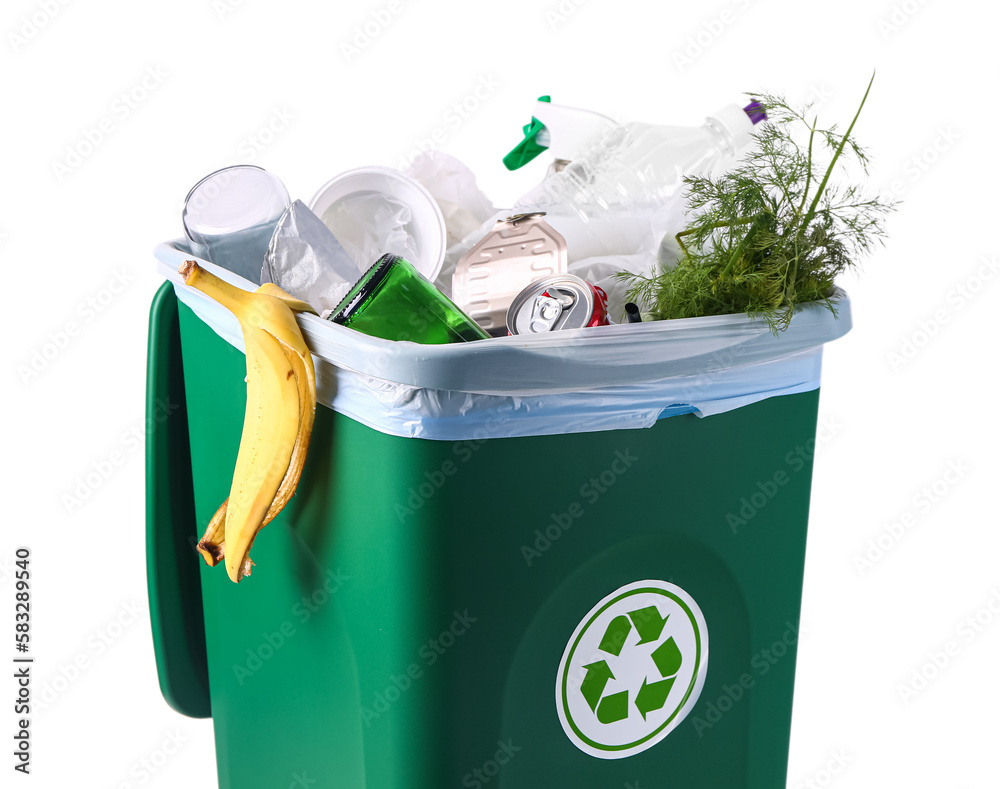 Recycle bin with garbage on white background