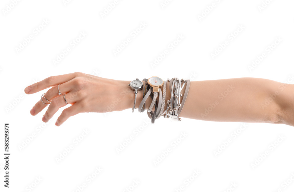 Woman with stylish wristwatches on white background