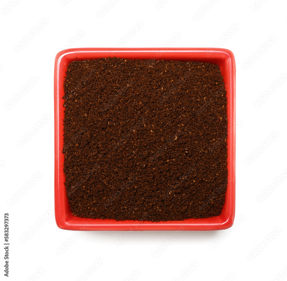 Bowl of coffee powder isolated on white background