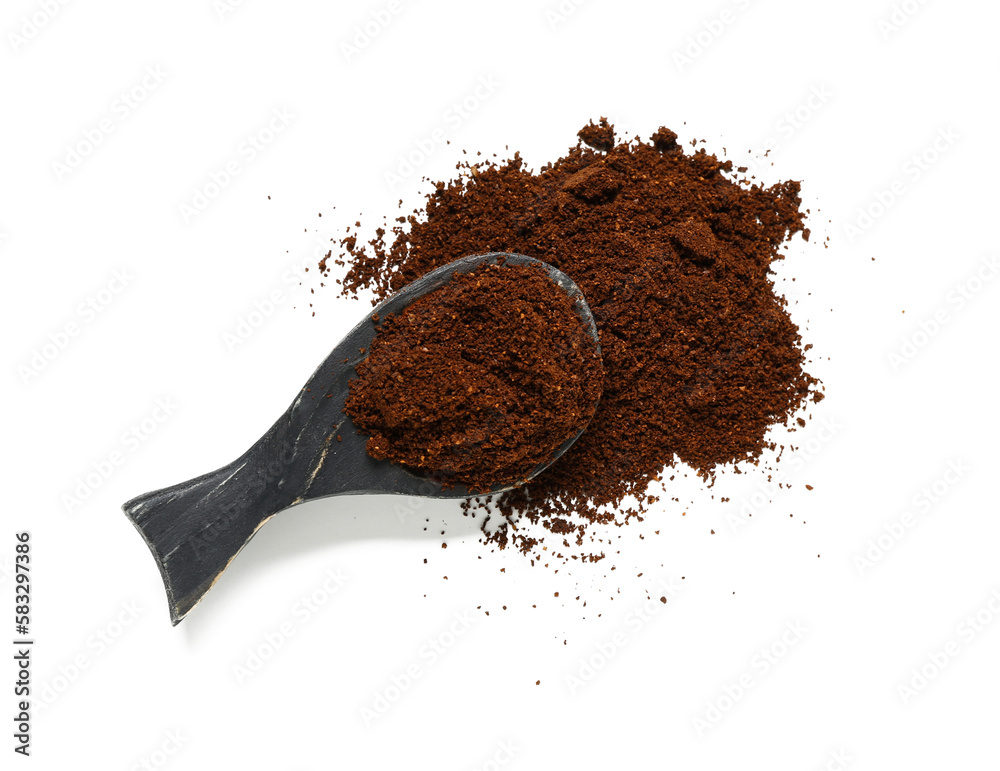 Wooden spoon and coffee powder isolated on white background