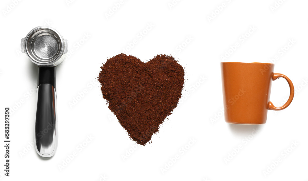 Creative composition with coffee powder, portafilter and cup isolated on white background