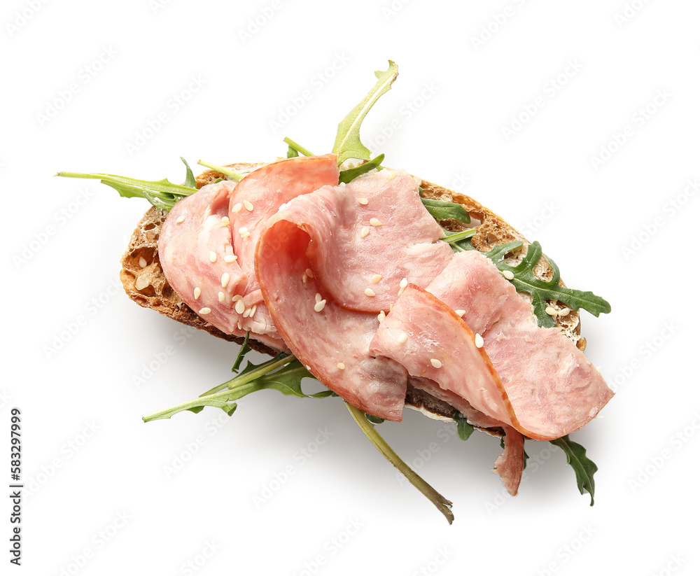 Tasty bruschetta with ham isolated on white background