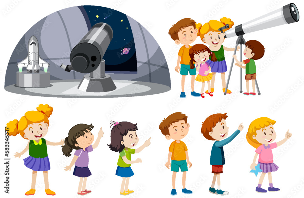 Playful Children Using Telescopes Vector Collection