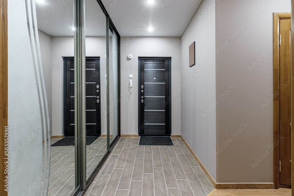 long corridor in interior of entrance hall of modern apartments with doors, cabinets, shelves and a 