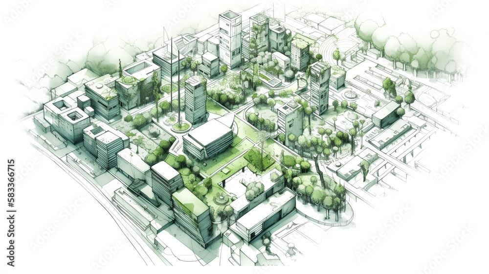 Urban project planning. Green sustainable design, creating eco friendly spaces, promoting energy eff