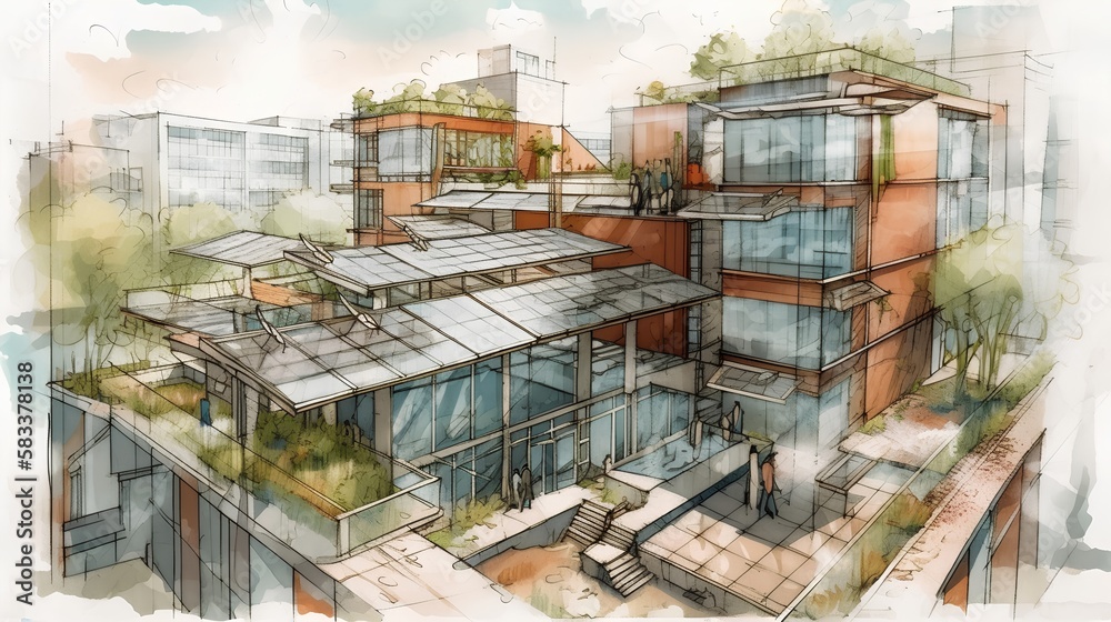 Sketch of sustainable urban architecture, featuring green roofs and solar panels. Eco friendly desig