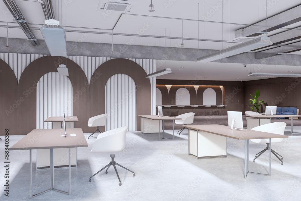 Contemporary coworking office interior with furniture, equipment and decorative objects. 3D Renderin