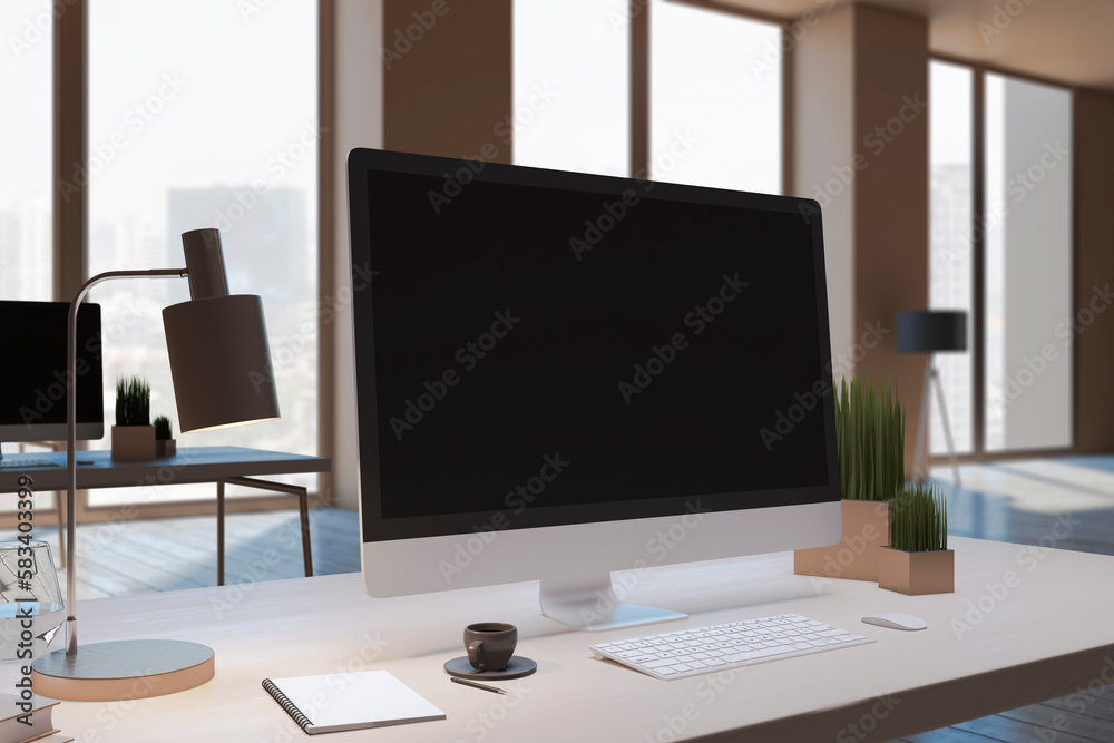 Close up of designer office workplace with empty black computer monitor, window with city view, deco