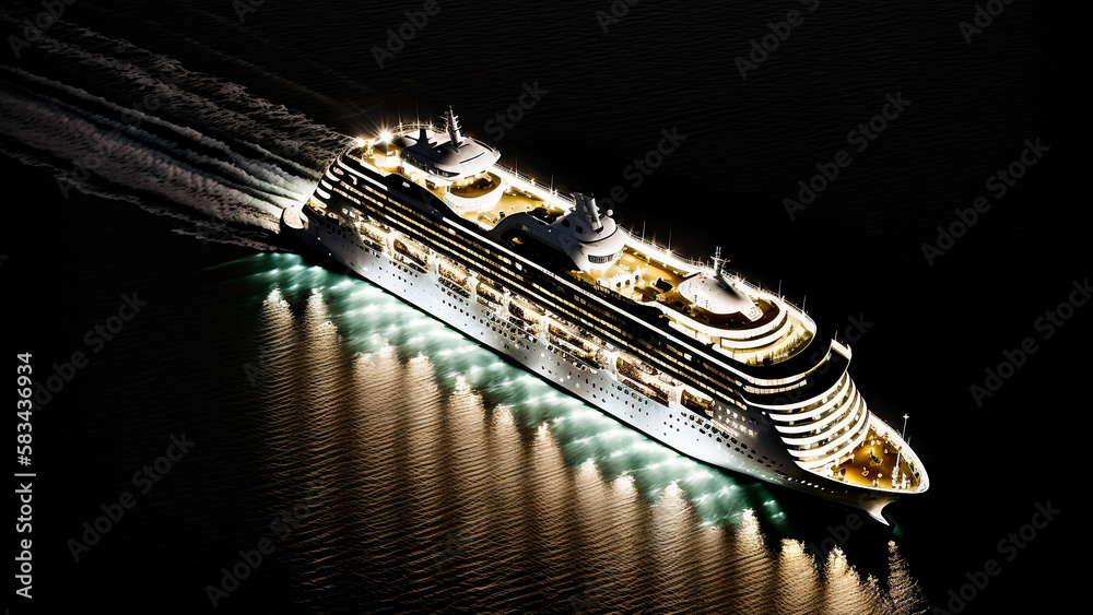 Aerial view of a cruise ship at sea with lights on in night, generative ai