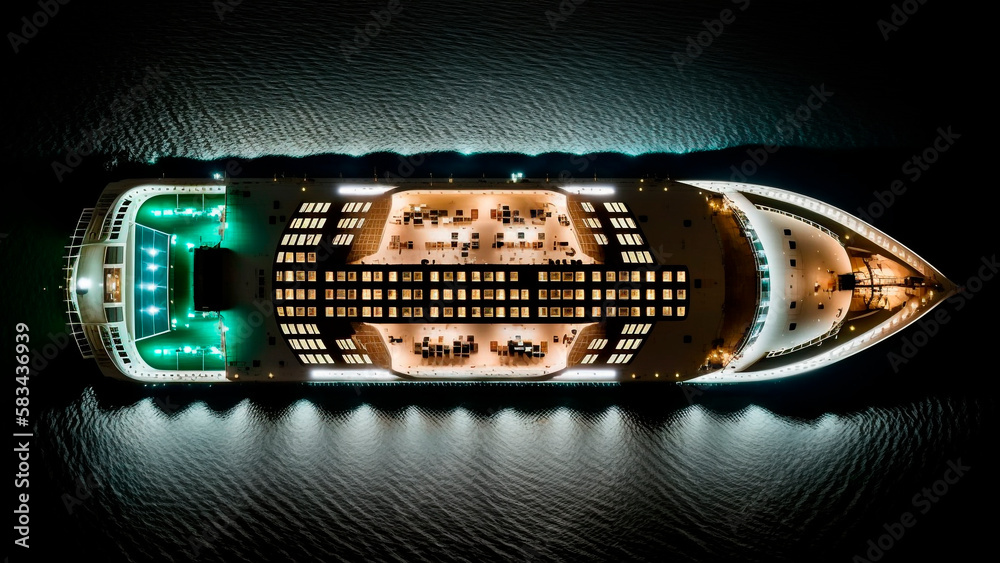 Aerial view of a cruise ship at sea with lights on in night, generative ai