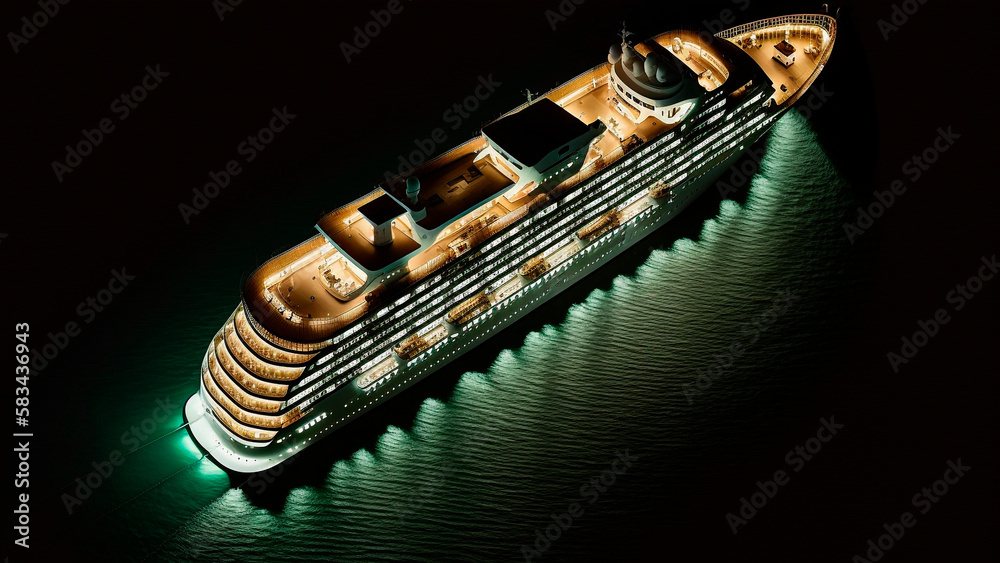 Aerial view of a cruise ship at sea with lights on in night, generative ai