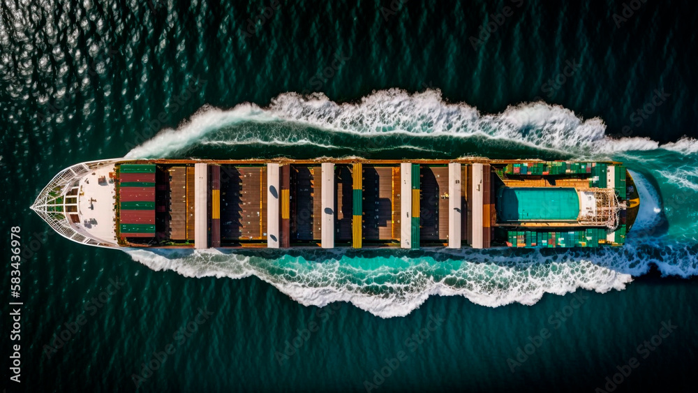 Aerial view of a cargo ship at sea, generative ai