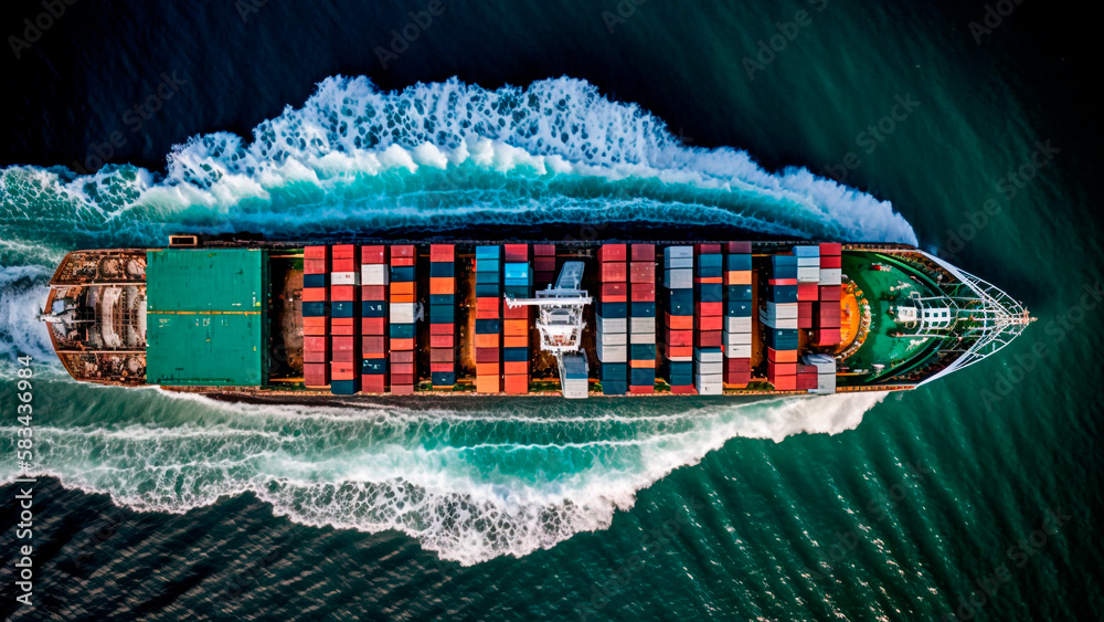 Aerial view of a cargo ship at sea, generative ai